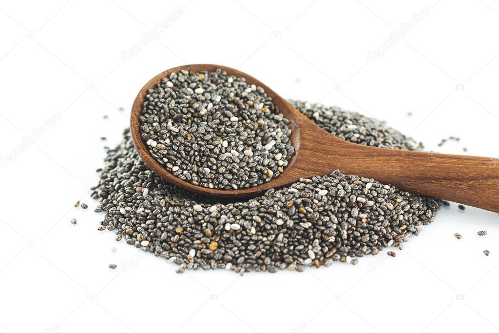 chia seeds on spoon on white background.