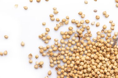 Kişniş tohumları beyaz arkaplanda üst görünüm.