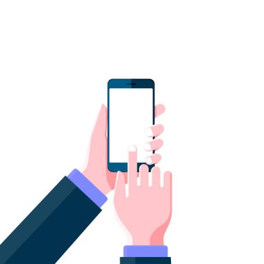 Düz dizayn eli kapat, akıllı telefonu kapalı beyaz arka planda boş ekran ile tut. vektör illüstrasyonu.