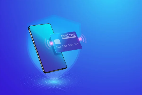 Veilige Online Betalingstransactie Met Smartphone Internetbankieren Creditcard Mobiel Bescherming Winkelen — Stockvector