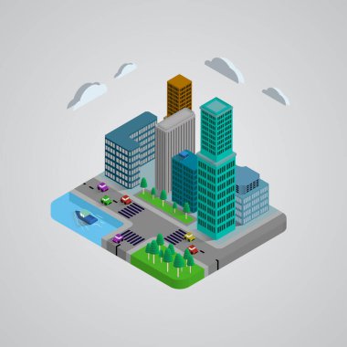 Isometric modern binalar 3D tasarım, ev, arabalar, ağaç, göl ve geniş. Tasarımınız için grafik konsepti, Vektör çizer.