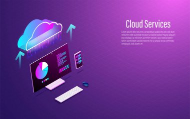 Bulut veri depolama 3d izometrik akıllı modern teknoloji akıllı telefon ve dizüstü bilgisayarla. Vektör