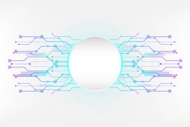Devre çizgisi konsepti ve boş alanı çembere alan Cyan beyaz soyut teknoloji arka planı