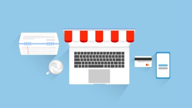 Çevrimiçi alışveriş ve iş yeriyle birlikte düz element tasarımı. vektör illüstrasyonu