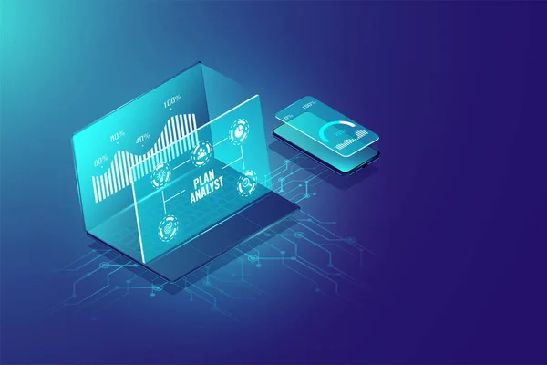 Sistema Análisis Negocio Concepto Diseño Isométrico Marketing Gestión Investigación Información — Archivo Imágenes Vectoriales