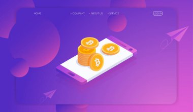 Kripto para birimi Bitcoin ve akıllı telefon konseptli blok zinciri, dijital para piyasası ticareti. İzometrik vektör illüstrasyonu