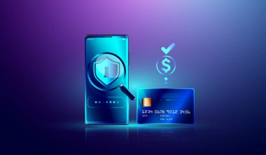 Akıllı telefon konseptinde kredi kartı korumasıyla online ödeme. Elektronik fatura, güvenli online alışveriş ödemesi akıllı telefon ve internet bankacılığı yoluyla