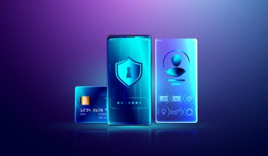 Veri koruma sistemi ve kişisel bilgi kilidi konsepti, akıllı telefondan güvenli çevrimiçi ödeme. vektör