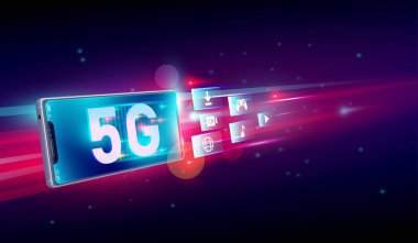 Yeni 5. nesil internet, 5G kablosuz, yüksek hızlı internet bağlantısı online oyun, indirme, online müzik ve akıllı telefon konsepti ile filmler. Vektör