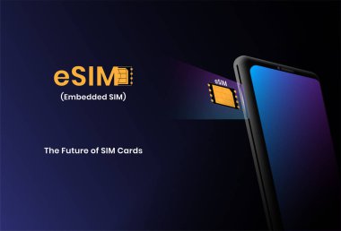 Akıllı telefonlu eSIM teknoloji konsepti. Simülasyon kartlarının bir sonraki nesli gömülü. vektör