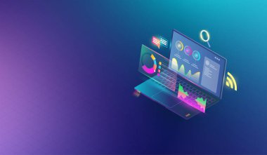 Finansal analitik ve ticari bilgi elemanları ekran dizüstü bilgisayar konseptinde. Veri finansal grafikleri veya diyagramları ve bilgi veri istatistiksel vektörüne sahip Isometric set of infographics.