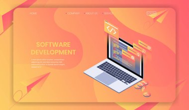 Yazılım Geliştirme Isometric konsepti, web geliştiricisi, programlama dili ve program kod vektörü.