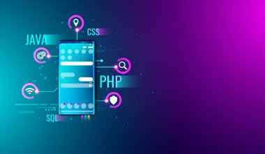 Akıllı telefon ekranı ve programlama dili vektörü üzerinde mobil uygulama UI UX tasarım ve geliştirme kavramı.