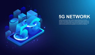 Akıllı telefondaki Isometric 5G ağ kablosuz sistemleri ve yeni nesil internet vektörü.