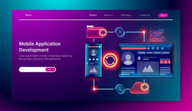 Mobil Uygulama Geliştirme Konsepti, mobil programlama kodlama çoklu platformu, UI UX tasarımı ve web geliştirme Vektörü.