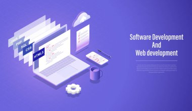 Yazılım geliştirme ve Web geliştirme izometrik konsepti, programlama dili kodlama vektörü.