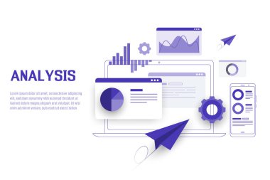 Mobil ve laptop veri analizi, araştırma, planlama, istatistik, finans, bilgi, yönetim vektör kavramı. Vektör