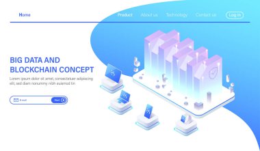 Büyük Veri izometrik vektör çizimi. Özet 3d sunucu ya da veri merkezi oda arkaplanı