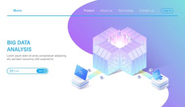 Büyük Veri izometrik vektör çizimi. Özet 3d sunucu ya da veri merkezi oda arkaplanı