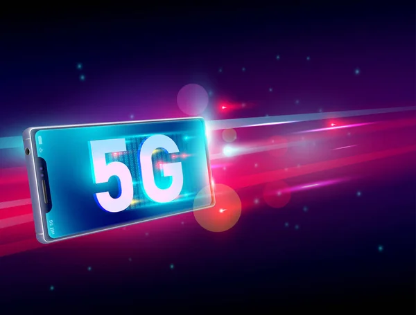 5Gネットワークワイヤレスインターネット通信光赤と濃い青の背景と現実的な3Dスマートフォンを飛んでいます ベクトル — ストックベクタ