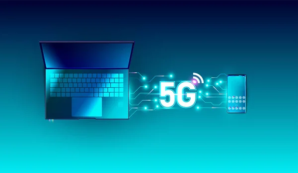 5G新しいグローバルネットワーク高速イノベーション接続データレート技術 スマートフォンやラップトップデバイス上の第5無線インターネットWifi接続トップ表示ベクトル — ストックベクタ