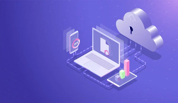 Isometrisches Cloud Rechenzentrum Und Cloud Computing Konzept Upload Download Prozess — Stockvektor