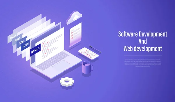Vývoj Softwaru Vývoj Webu Izometrický Koncept Kódování Programovacího Jazyka Vektor — Stockový vektor