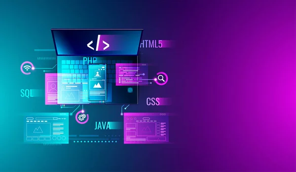 プログラミング言語とプログラムコードと画面ベクトル上のレイアウトとラップトップやスマートフォンの概念上のWeb開発 アプリケーションの設計 コーディングやプログラミング — ストックベクタ