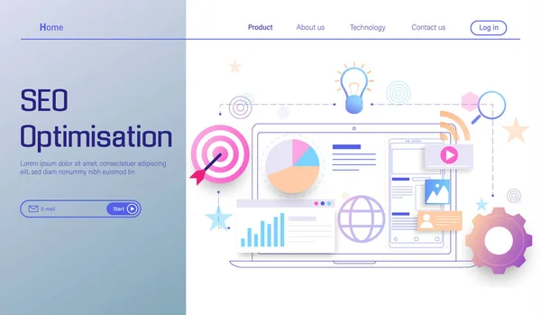 Tecnologia Otimização Seo Design Plano Moderno Motor Busca Analytics Web —  Vetores de Stock