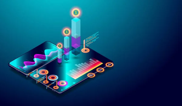 Trendanalyse Auf Isometrischem Smartphone Bildschirm Mit Diagrammen Markttrend Und Finanzanalysevektor — Stockvektor