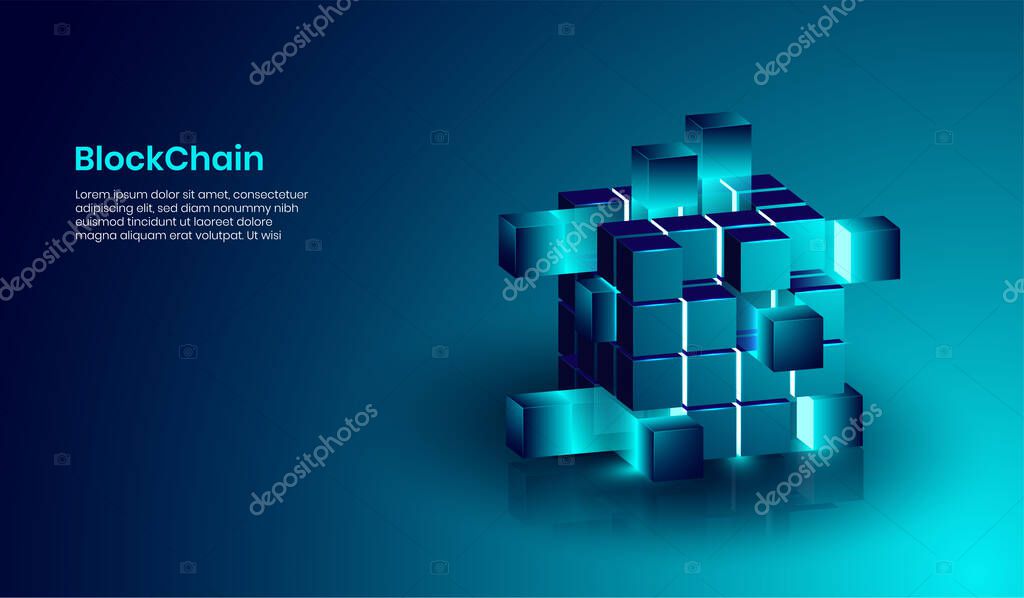 Isometric blockchain and cryptocurrency technology concept, realistic shape of blockchain connected together. vector