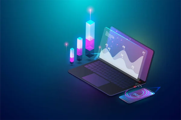 Isometrische Finanzanalytik Und Geschäftsinfografische Elemente Auf Dem Bildschirm Laptop Konzept — Stockvektor