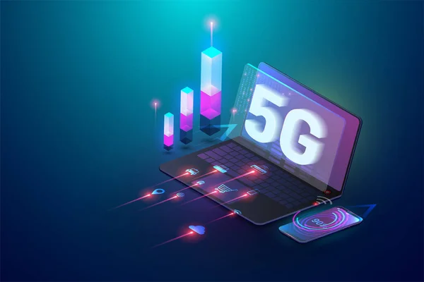 アイソメトリック3D 5G新しいワイヤレスインターネットWifi接続 ラップトップとスマートフォンのデバイス グローバルネットワーク高速イノベーション接続データレート技術 — ストックベクタ