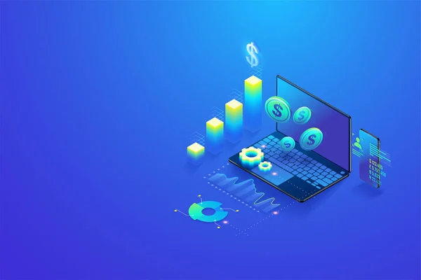 アイソメトリック投資と仮想金融 投資のためのマーケティング管理 コンピュータとモバイル画面上の分析と計画の概念 — ストックベクタ