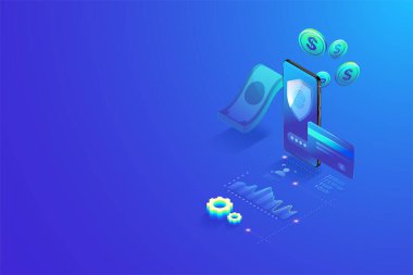 3D Isometric akıllı telefon konseptiyle çevrimiçi güvenli ödeme. Çevrimiçi alışveriş, güvenli banka işlemi parola ve parmak izi doğrulama vektörü