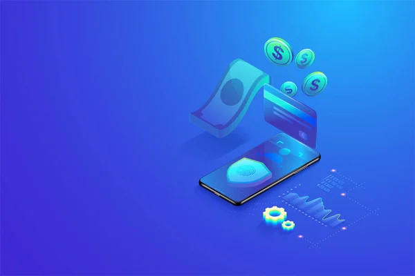 3D Isometric akıllı telefon konseptiyle çevrimiçi güvenli ödeme. Çevrimiçi alışveriş, güvenli banka işlemi parola ve parmak izi doğrulama vektörü