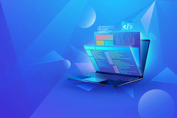 Projeto Conceito Tecnologia Desenvolvimento Web Perspectiva Laptop Com Processamento Telas — Vetor de Stock