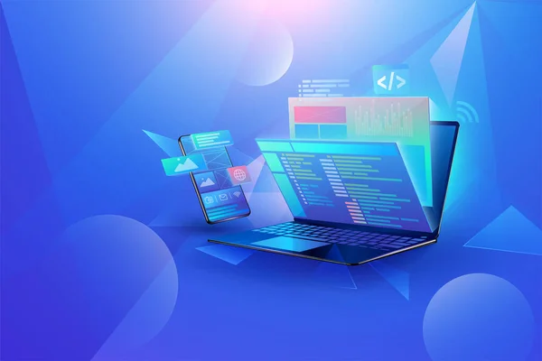 Design Conceito Desenvolvimento Aplicativos Móveis Interface Usuário Multiplataforma Laptop Com — Vetor de Stock