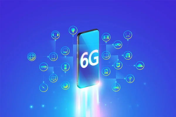 6Gシステムは 物事の概念のスマートフォンやインターネットと最速のインターネット接続 第六世代のインターネット 6Gネットワークインターネット無線の速度 スマートフォン上のIot — ストックベクタ