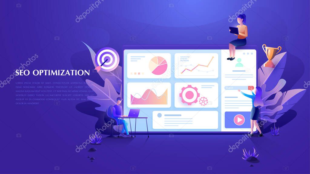 Modern flat design SEO Optimization concept. SEO, Data and Online Marketing analytics team for website Landing page template.Vector illustration