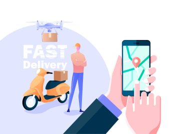 Düz renkli tasarım teslimatçısı, İHA teslimatı ve konum sayfaları için cep telefonu.
