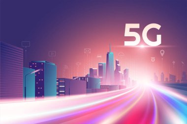 5G kablosuz ağ. 5. internet servisi, nesneler ve hizmet simgeleri bağlantısı olan şehir merkezi, şeylerin interneti, 5G kablosuz ağ yüksek hız bağlantısı ve mobil bağlantı