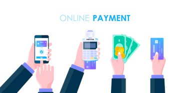 Çevrimiçi ödeme konsepti için para, akıllı telefon, kredi kartı, Nakitsiz toplum, Çevrimiçi Mobil Bankacılık ve İnternet bankacılık düz tasarım.