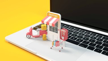 Çevrimiçi mobil mağaza kavramı, 3D yorumlayıcı çevrimiçi alışveriş bilgisayarı, scooter dağıtımı ve reklam ve web afişi için mobil mağaza