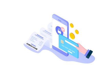 Online mobile payment isometric concept. Payment protection, Cashless society and billing via smartphone on white background. Vector illustration. clipart