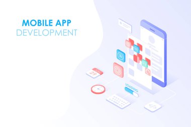 Mobil uygulama geliştirme ve web tasarımı izometrik konsept. Web afişi arkaplanı için akıllı telefon ekranında uygulama testi ve katmanlı kullanıcı arayüzü.