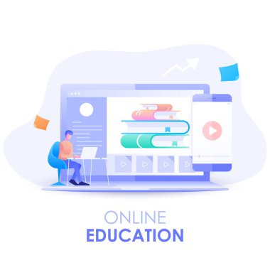 E-öğrenme. Bir adamın karakteri bir masada oturup online eğitim konsepti olan bilgisayar kursuna çalışıyor. Modern düz tasarım çizimi