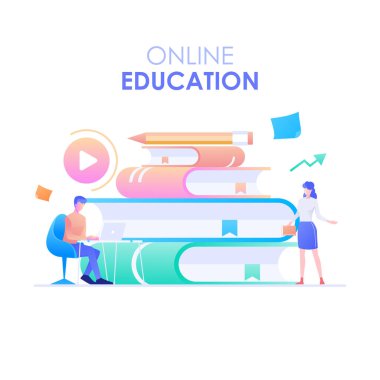 Çevrimiçi Eğitim, bir erkek ve bir kadın karakter çevrimiçi öğreniyor ve arka planda bir yığın kitap var. Çevrimiçi eğitim kavramı. Modern düz tasarım vektör çizimi
