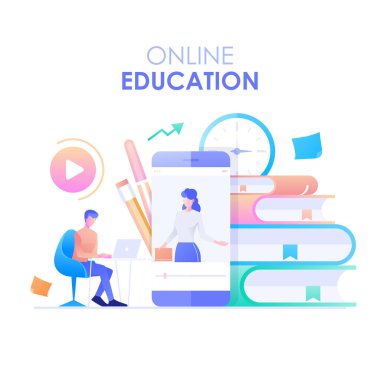 Çevrimiçi eğitim dairesi tasarımı. Bir adamın karakteri masasında oturmuş, akıllı telefon ve kitap geçmişi olan online bir kursla ders çalışıyor..