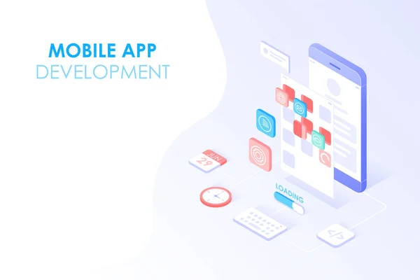 Mobile App Entwicklung Und Webdesign Isometrisches Konzept App Test Und — Stockvektor